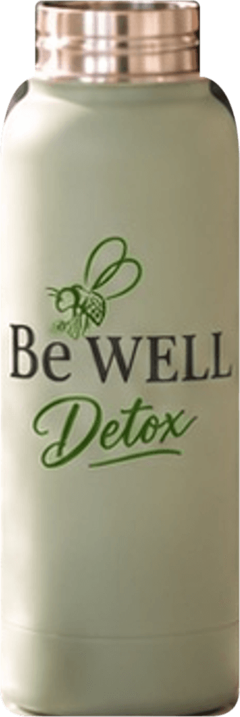 A sage-green Yeti water bottle with a steel top and the BeWELL Detox logo.