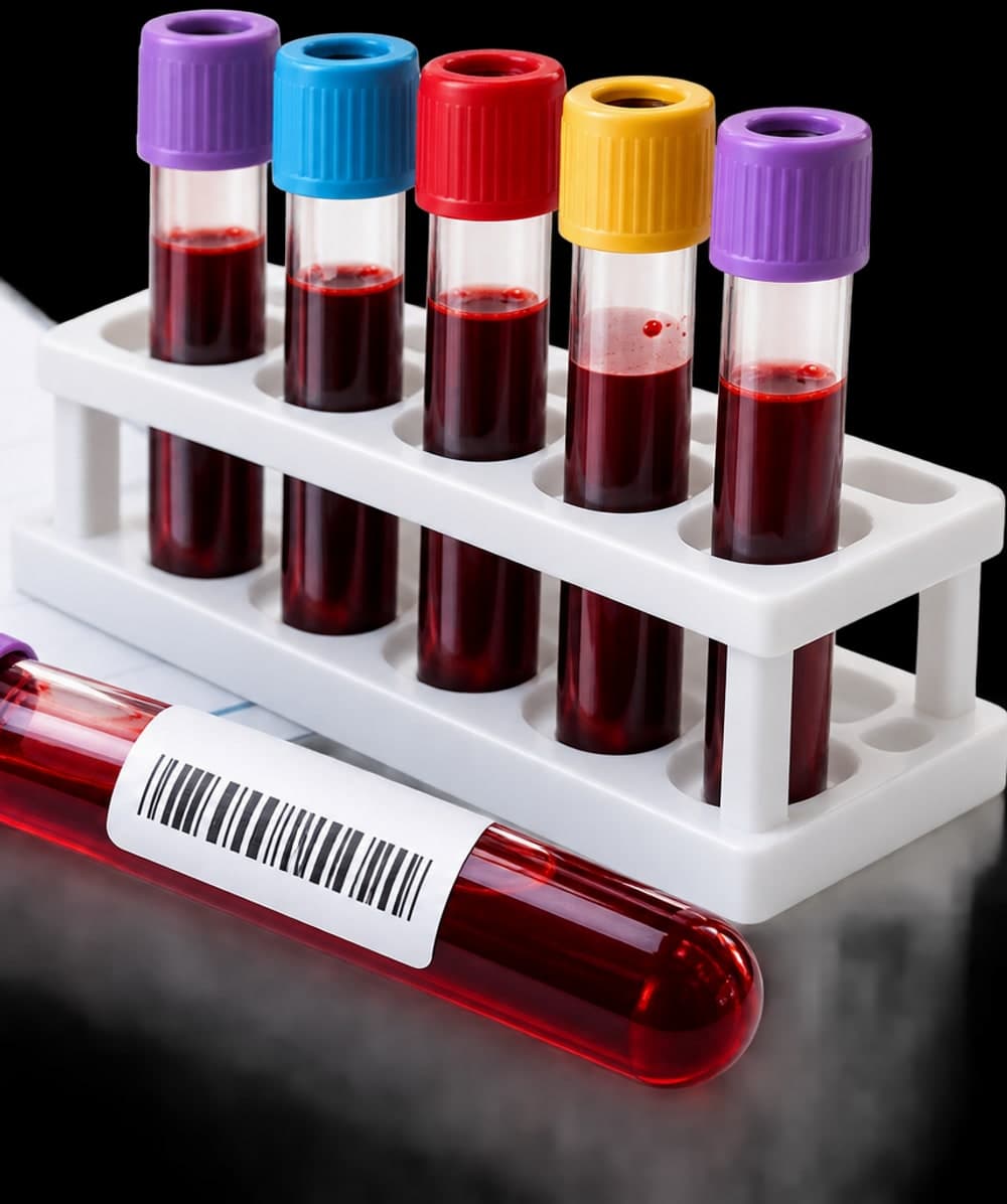 Capped blood collection tubes in a laboratory rack, with a labelled sample tube resting in front.