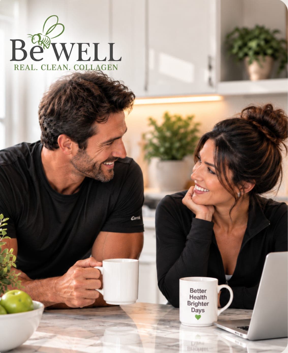A couple leaning on a kitchen counter over coffee, one mug printed “Better Health Brighter Days”.