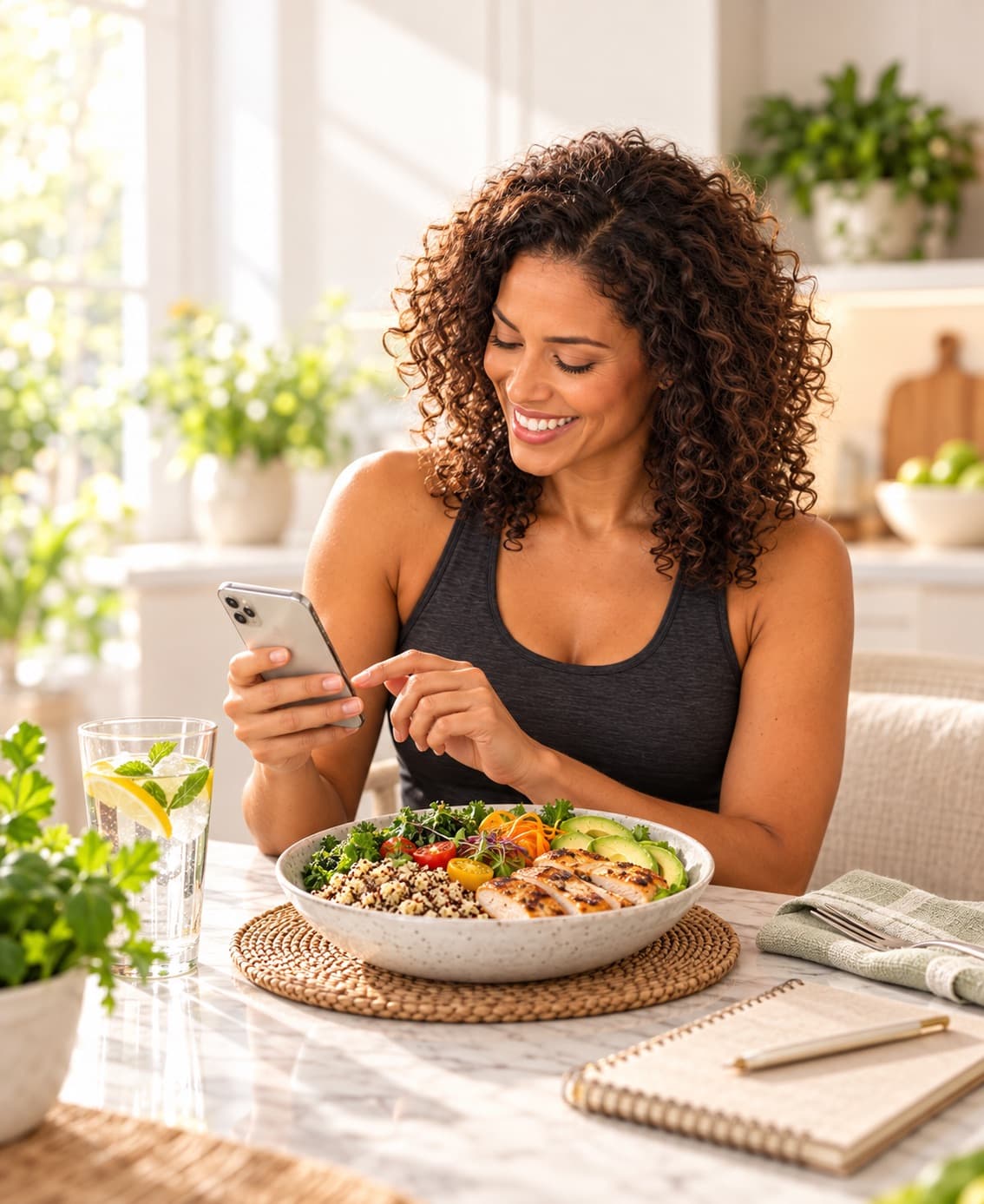 A smiling woman at a sunlit table checking her phone beside a bowl of grains, greens, vegetables and grilled chicken.