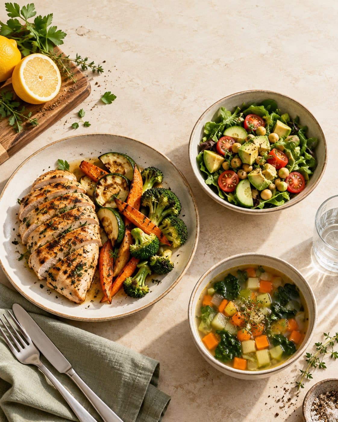 Grilled chicken with roasted vegetables, a chickpea and avocado salad, and a vegetable soup on a linen-topped table.