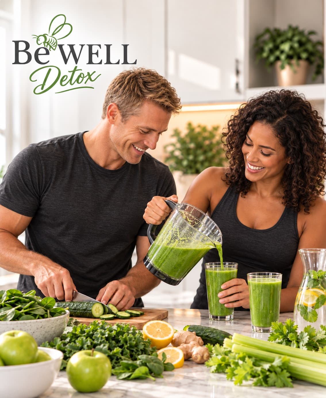 A smiling couple making green smoothies in a bright kitchen, surrounded by spinach, cucumber, lemons and celery.