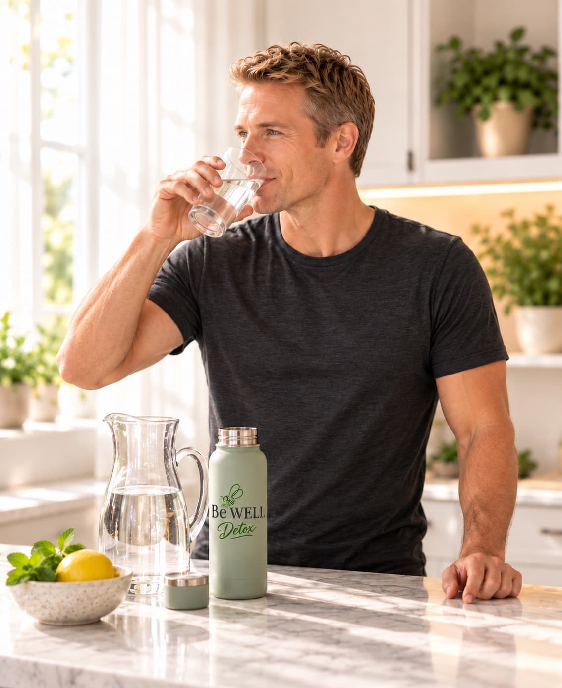 A man drinking a glass of water at a kitchen counter, next to a sage-green BeWELL Detox bottle, a water jug and lemons.