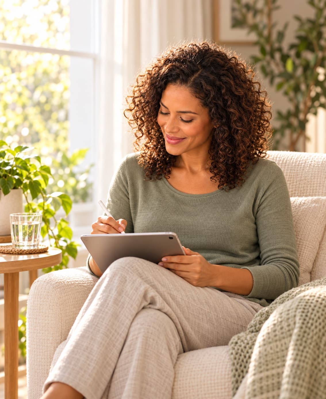 A woman smiling as she writes on a tablet in an armchair by a bright window.