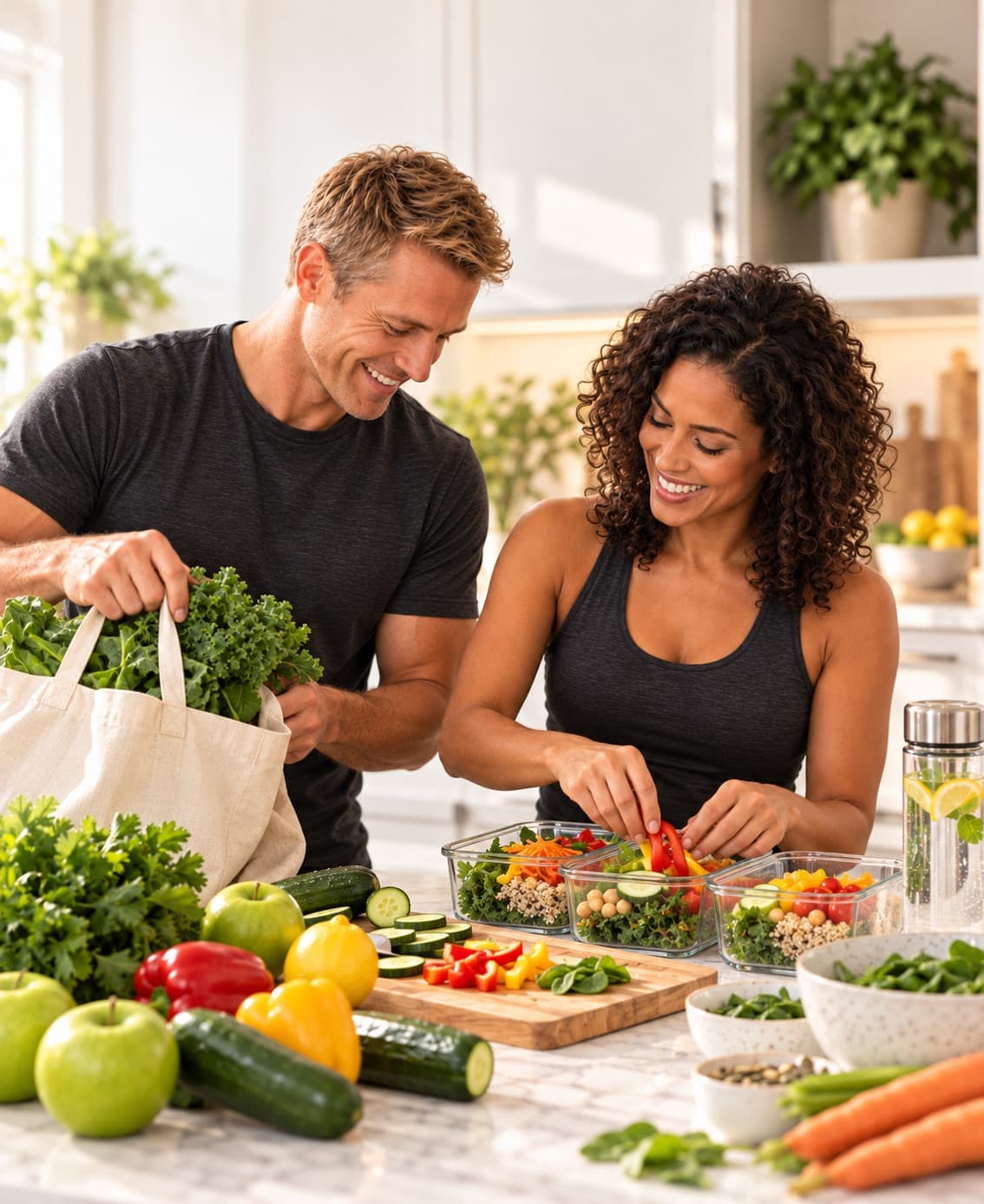 A couple unpacking fresh greens and vegetables and filling meal-prep containers in their kitchen.