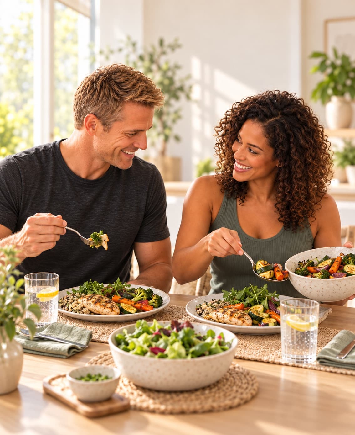 A couple laughing over lunch at a sunny table, with plates of grilled chicken, greens and roasted vegetables.