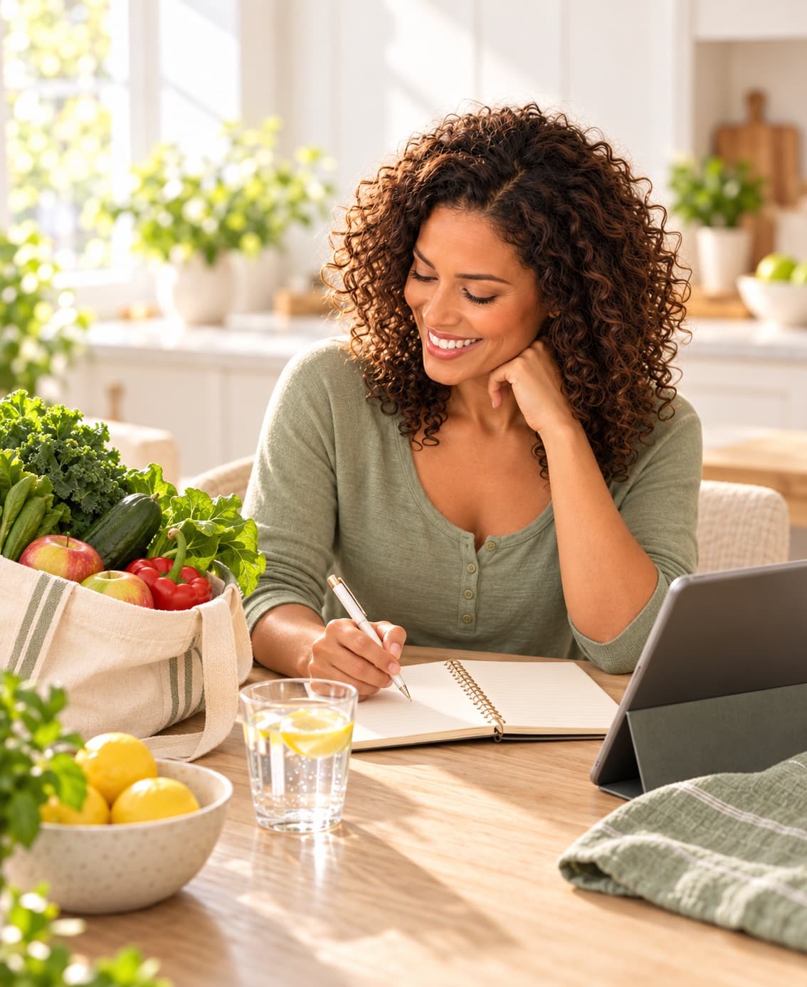 A smiling woman planning meals with a notebook and tablet at a kitchen table beside a bag of fresh vegetables.