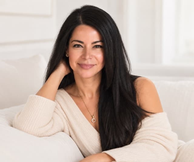 Wendy Ledesma, PA, relaxing on a white sofa in a cream sweater.